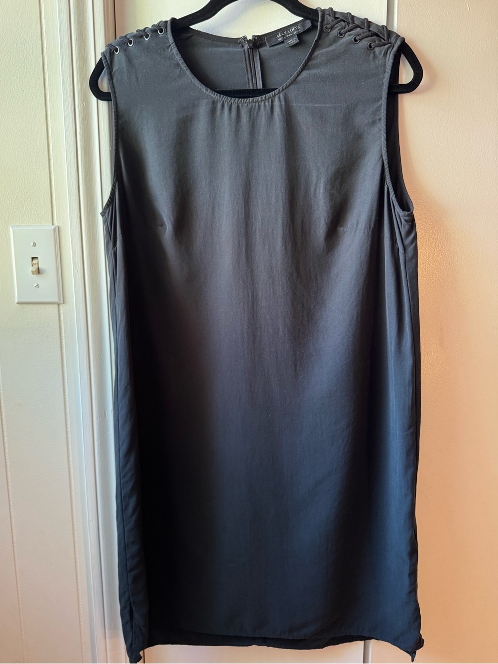 AllSaints Kaili Laced Shift Dress 8 Charcoal Gray Modal Scoop Neck Edgy Minimal